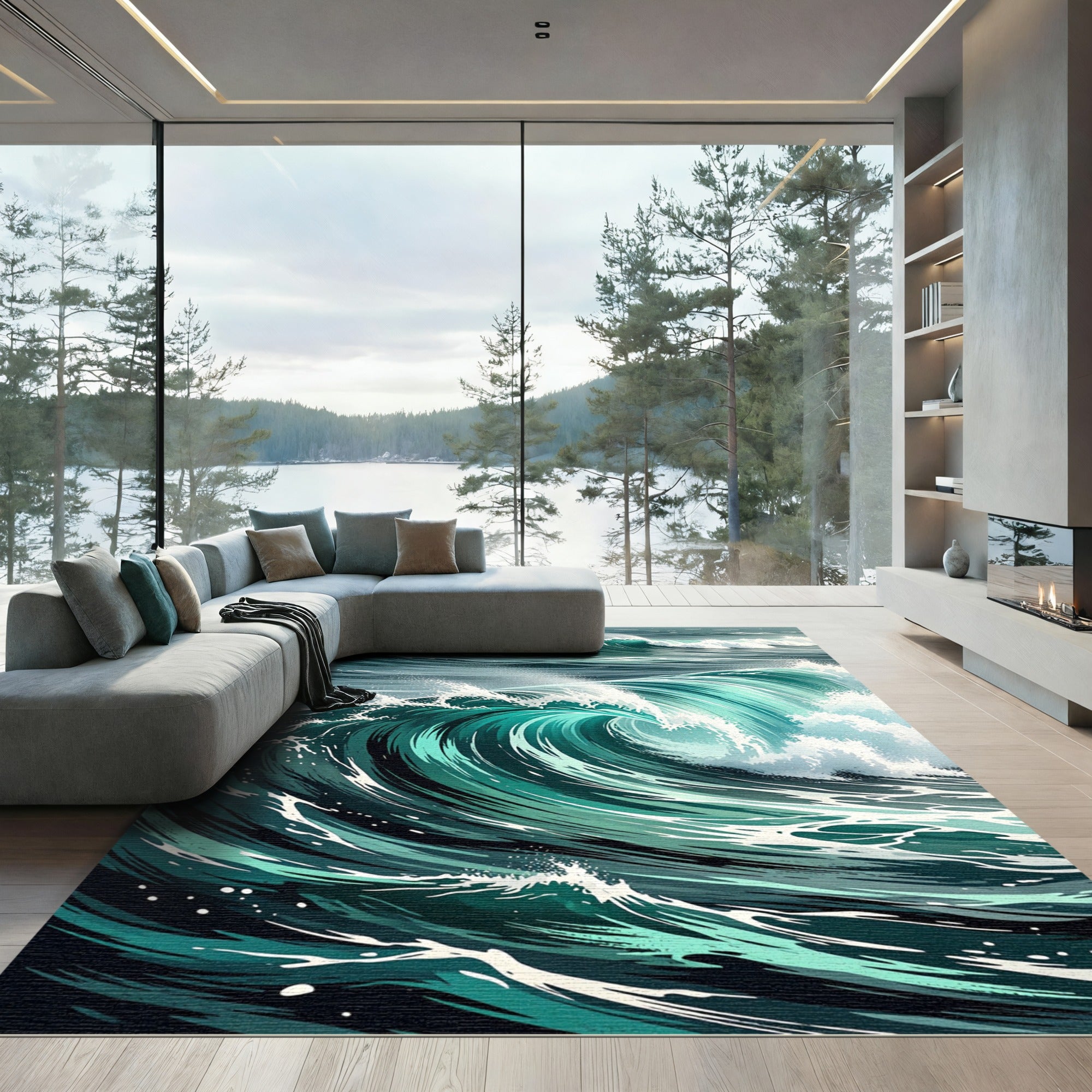Dynamic Turquoise Ocean Wave Accent Rug