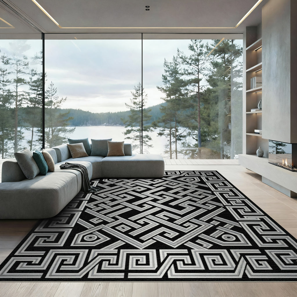 Monochromatic Silver Interlocking Geometric Maze Rug