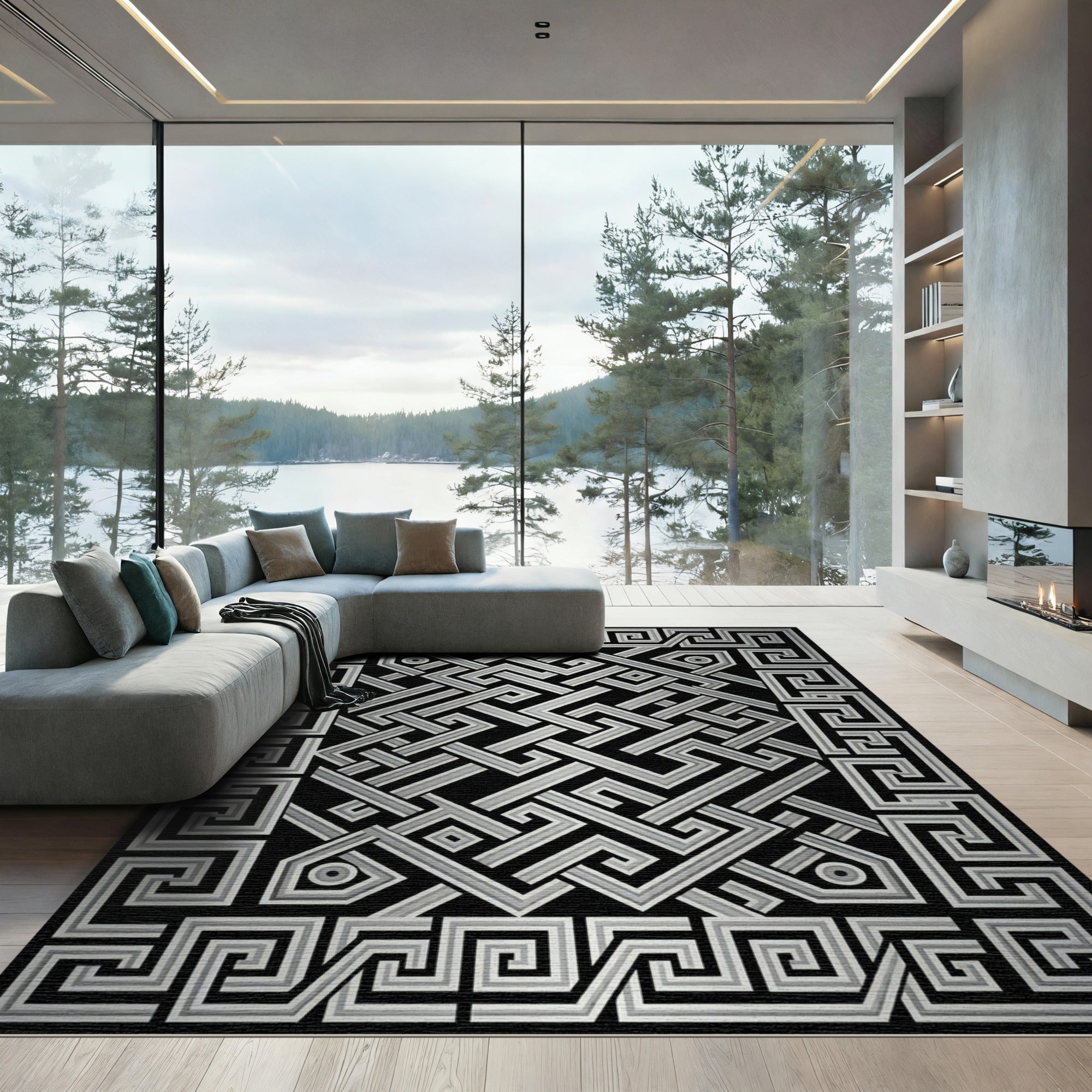 Monochromatic Silver Interlocking Geometric Maze Rug