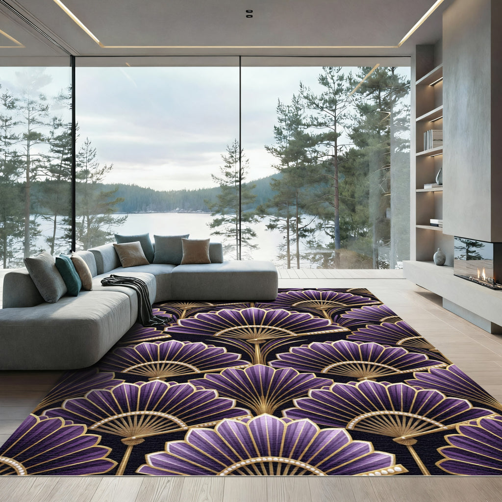 Rich Purple Gold Fan Art Deco Rug