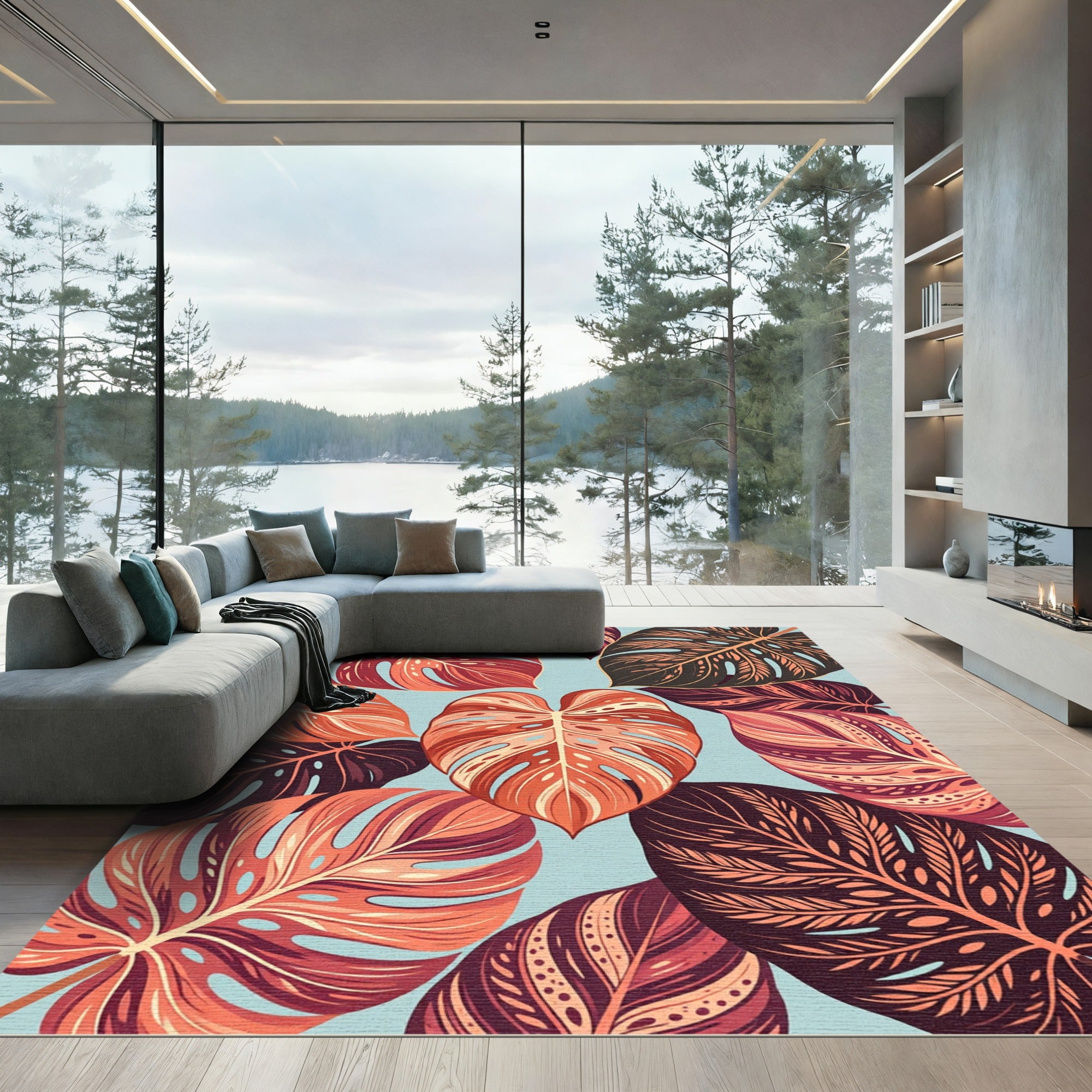 Coral Ochre Terracotta Tropical Leaf Rug