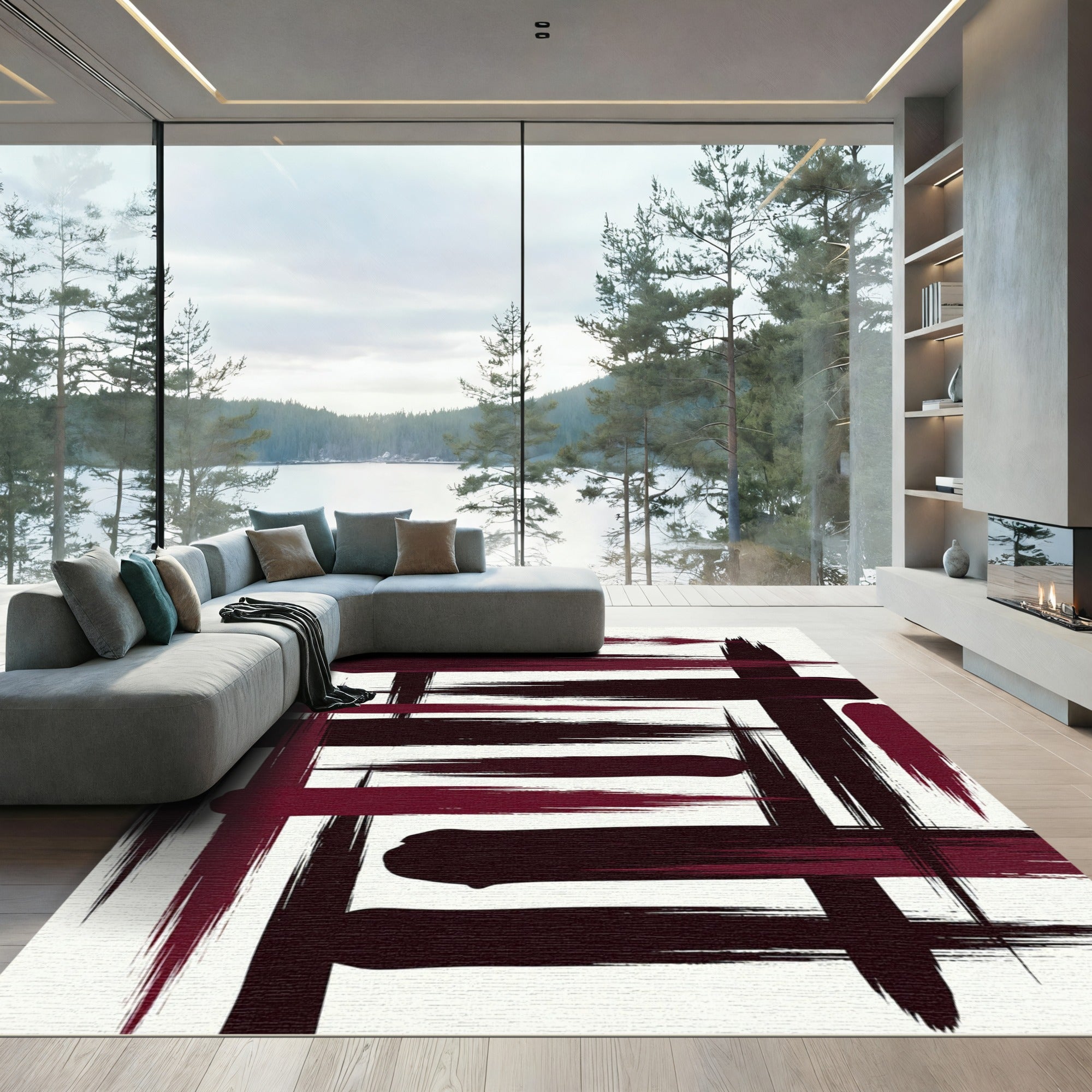 Bold Crimson and Black Abstract Strokes Rug