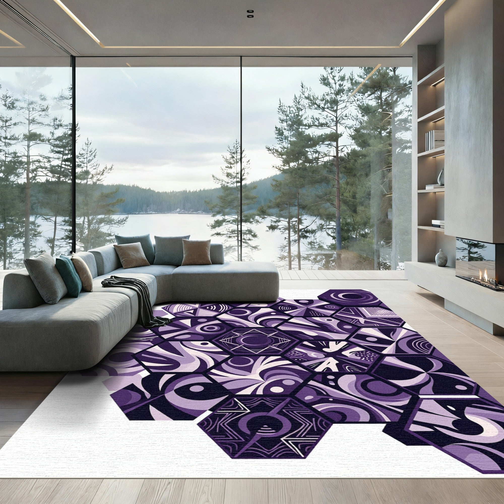 Purple Geometric Hexagonal Abstract Mosaic Rug