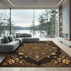 Ornate Gold Floral Medallion Charcoal Backdrop Rug