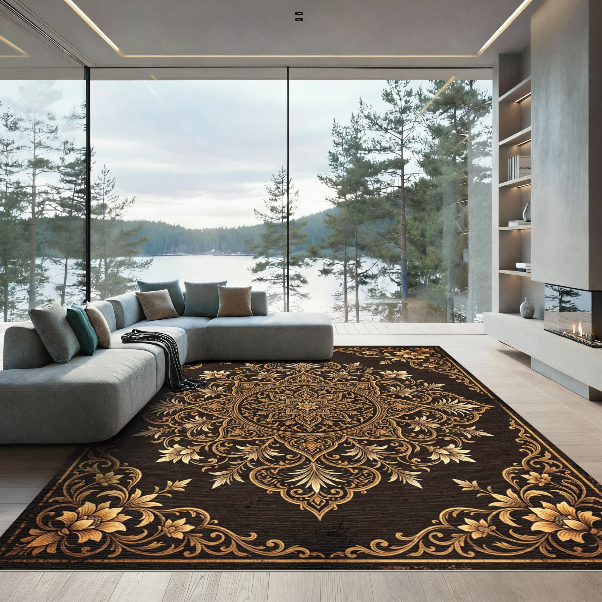 Ornate Gold Floral Medallion Charcoal Backdrop Rug