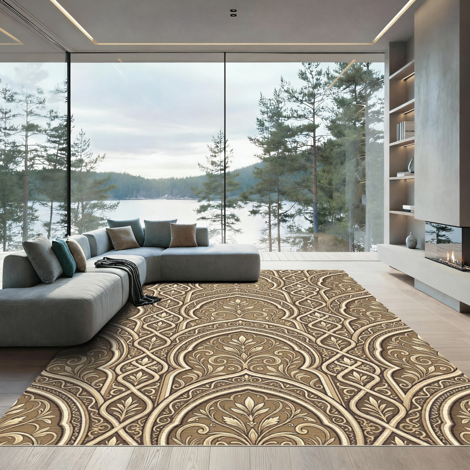 Golden Archway Filigree Damask Scroll Rug