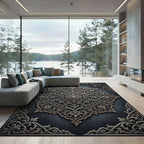 Ornate Charcoal Silver Floral Medallion Rug