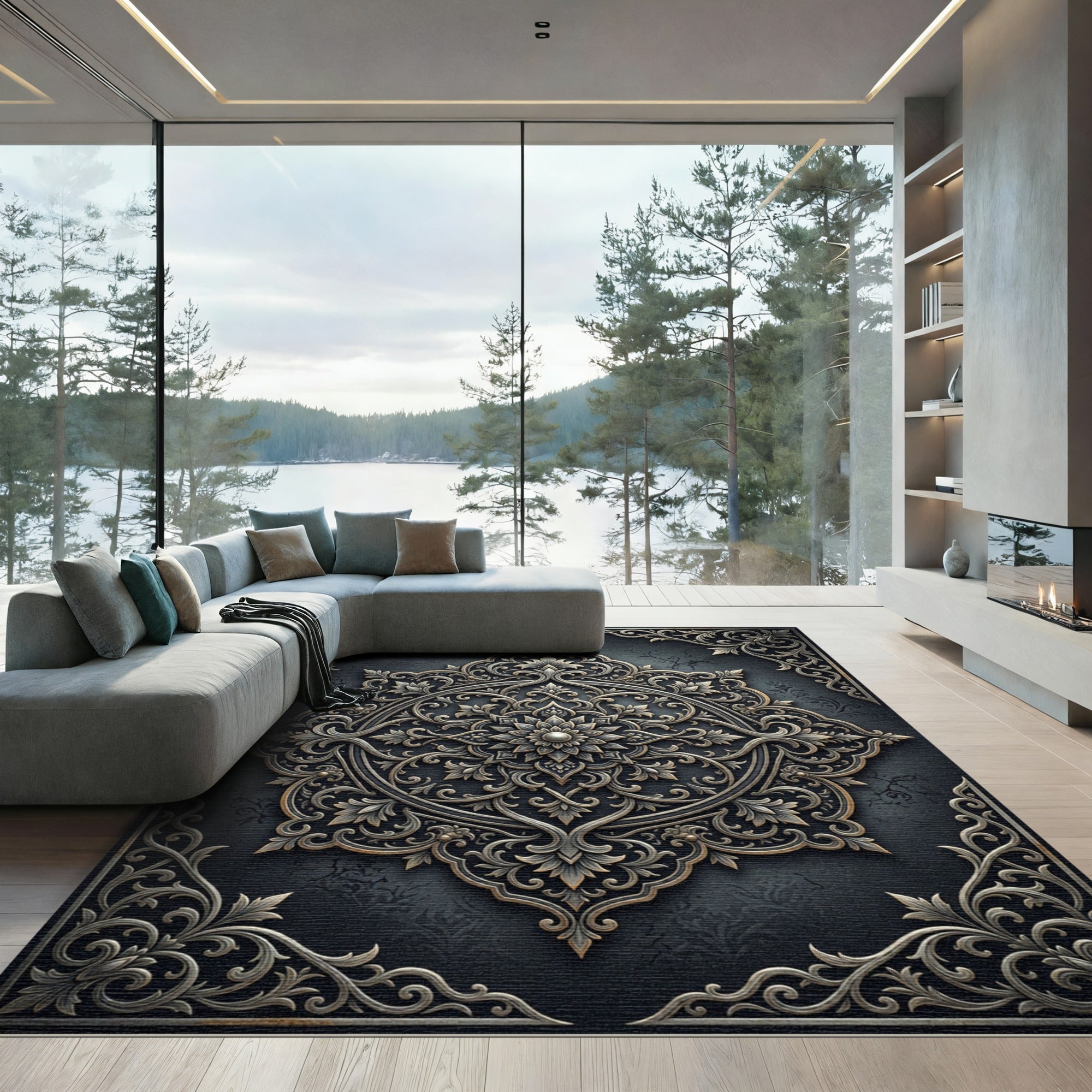Ornate Charcoal Silver Floral Medallion Rug