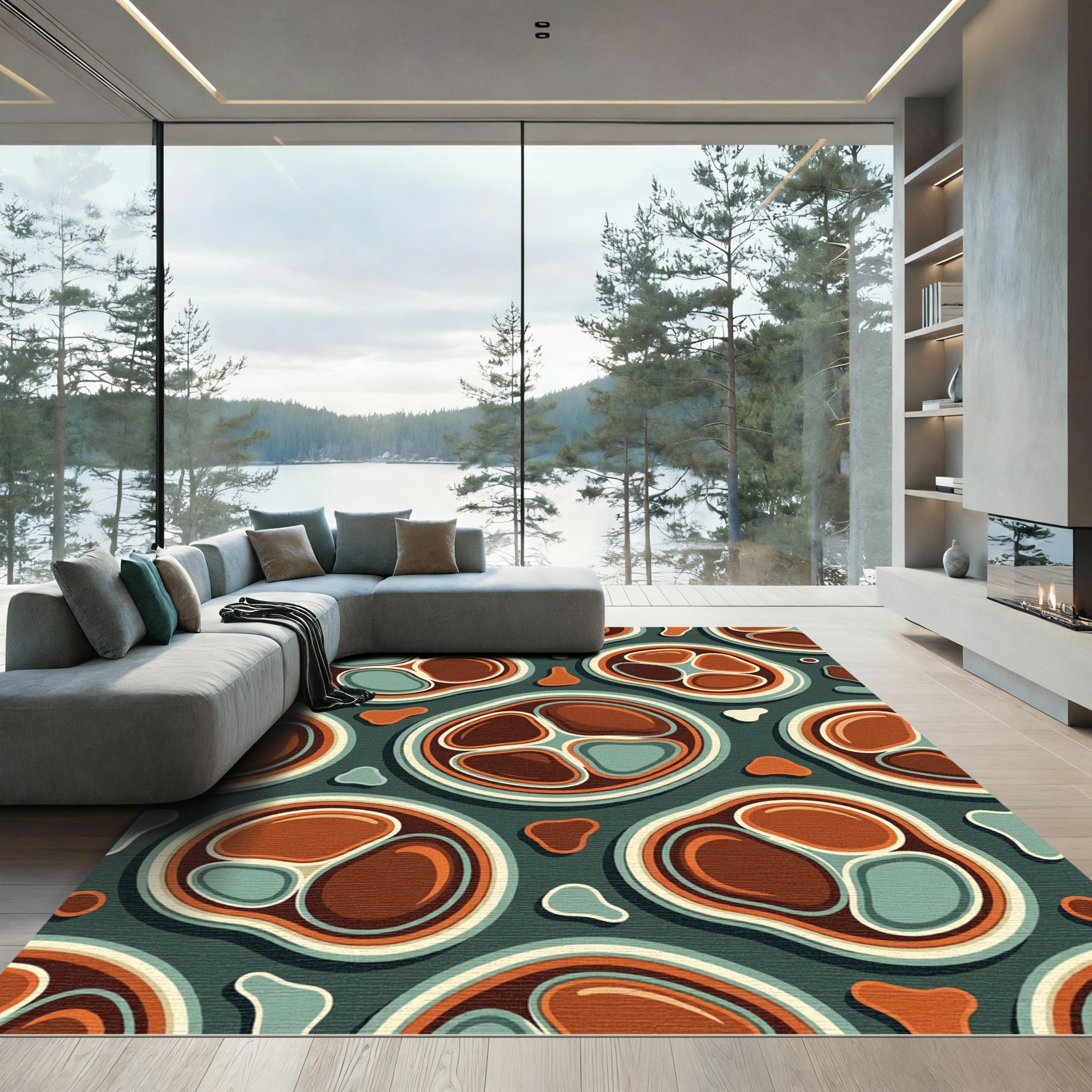 Mid-Century Abstract Organic Cell Earthy Rug