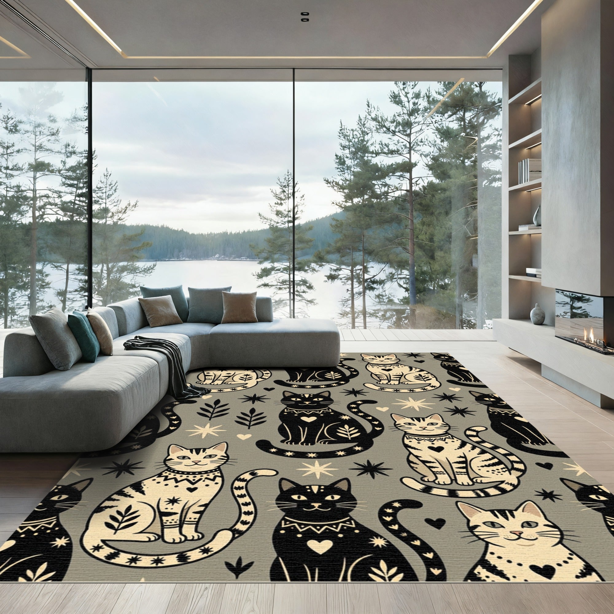 Celestial Black and Beige Cat Tapestry Rug
