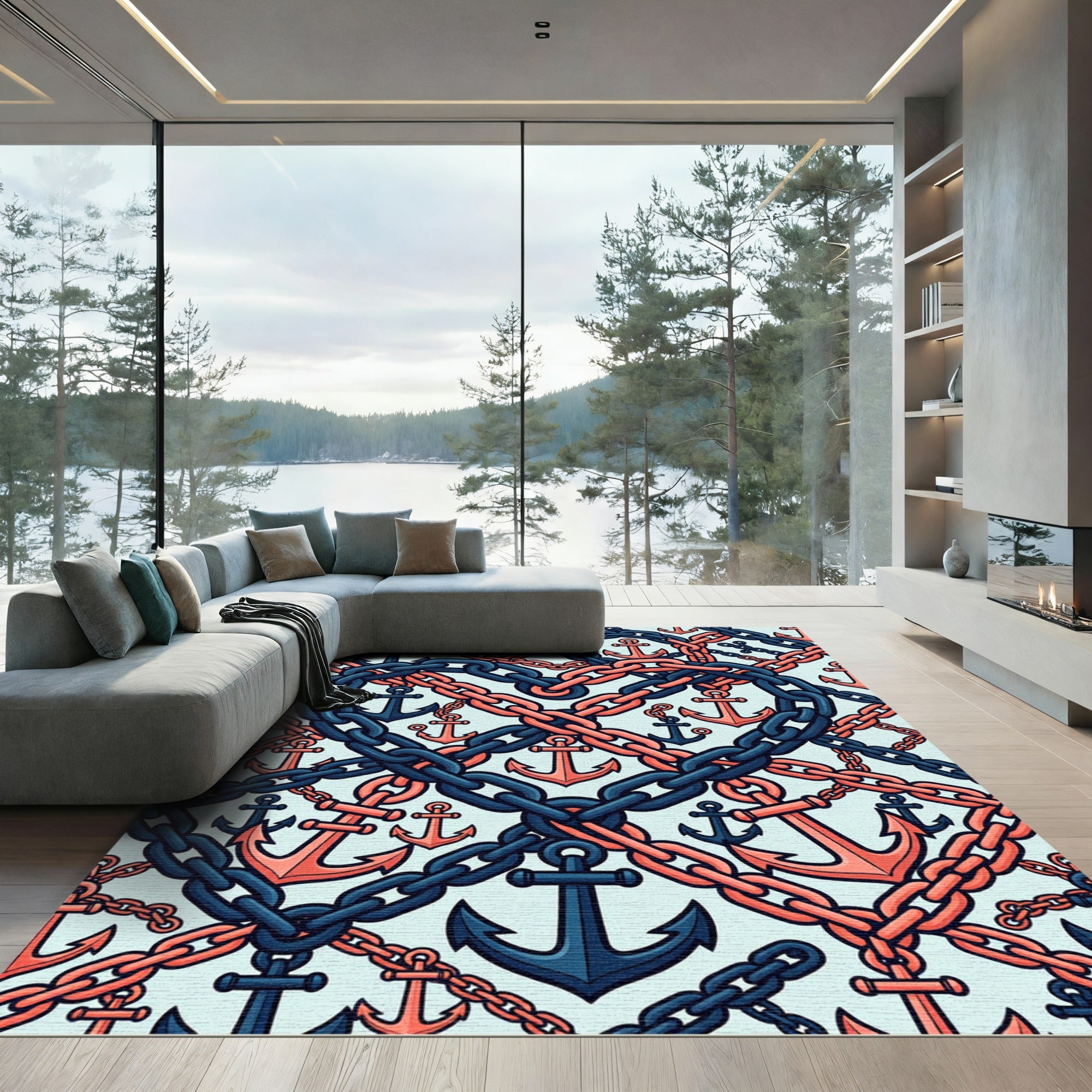Navy Coral Anchor Heart Chain Rug