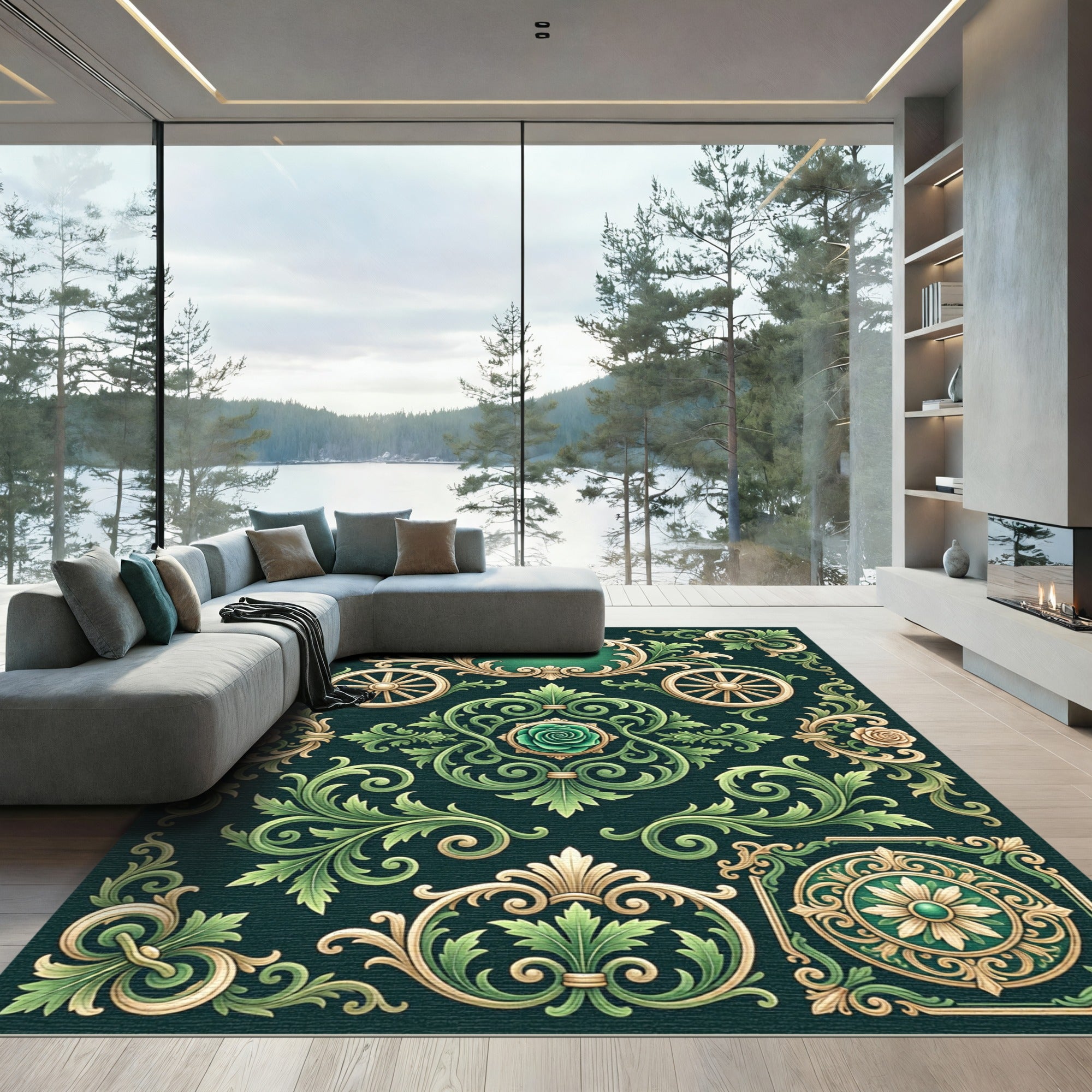 Ornate Green Floral Cartouche Rug