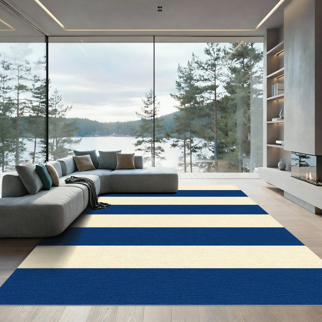 Classic Navy Cream Horizontal Stripes Rug