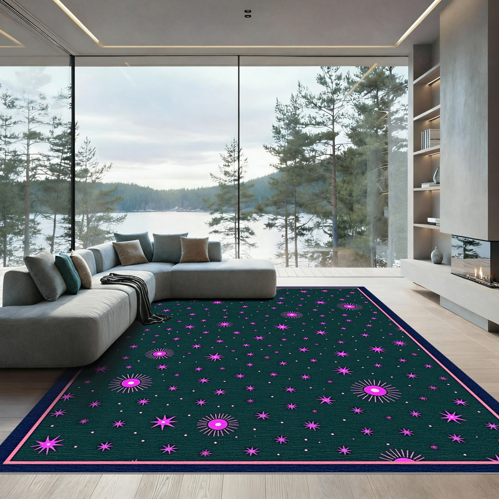 Dark Teal Magenta Starburst Field Rug