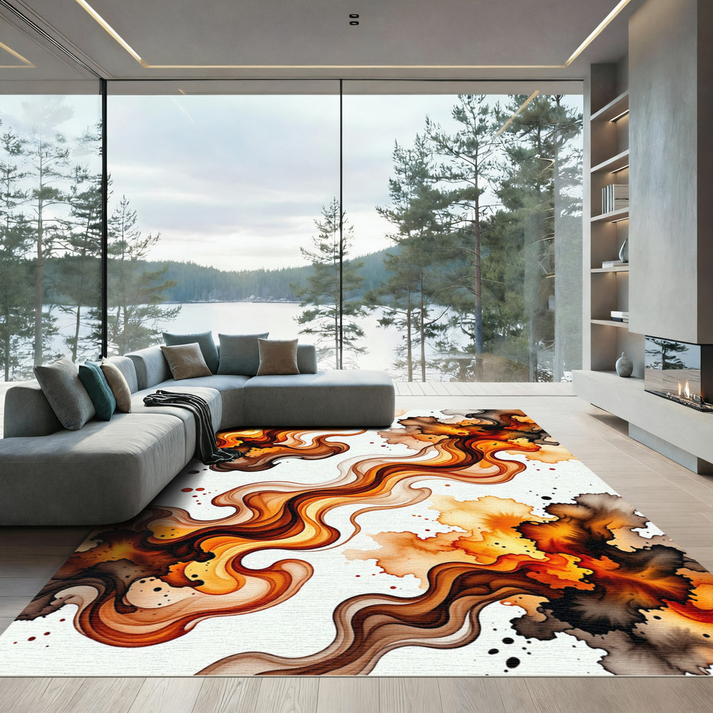Abstract Amber Fire Swirl Fluid Art Rug