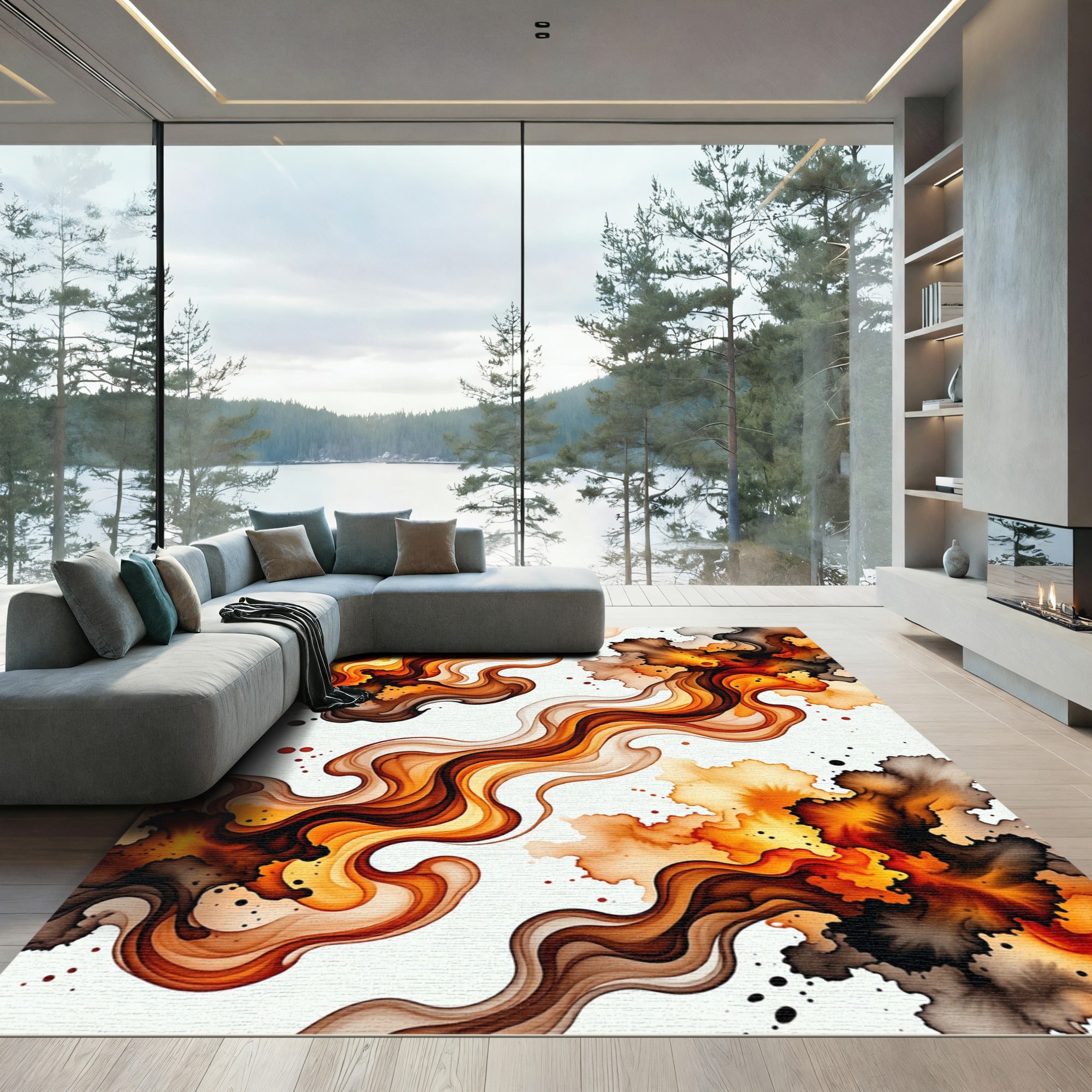 Abstract Amber Fire Swirl Fluid Art Rug