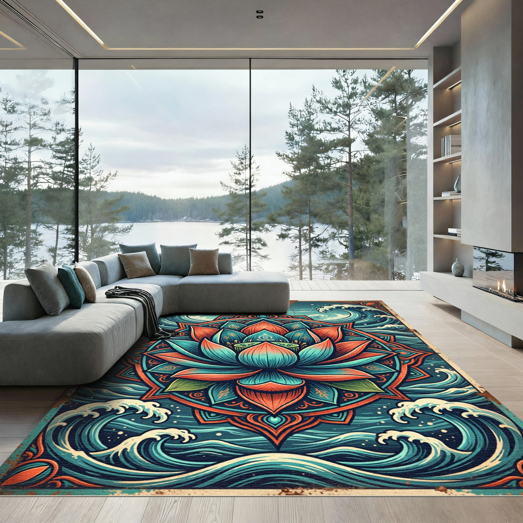 Zen Lotus Bloom with Teal Ocean Waves Rug