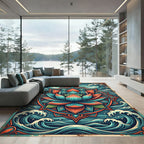 Zen Lotus Bloom with Teal Ocean Waves Rug