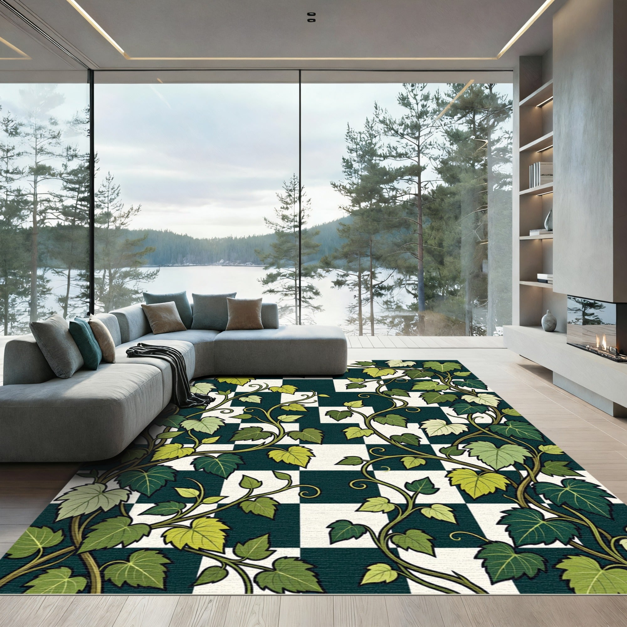 Lush Botanical Vine Checkerboard Art Rug