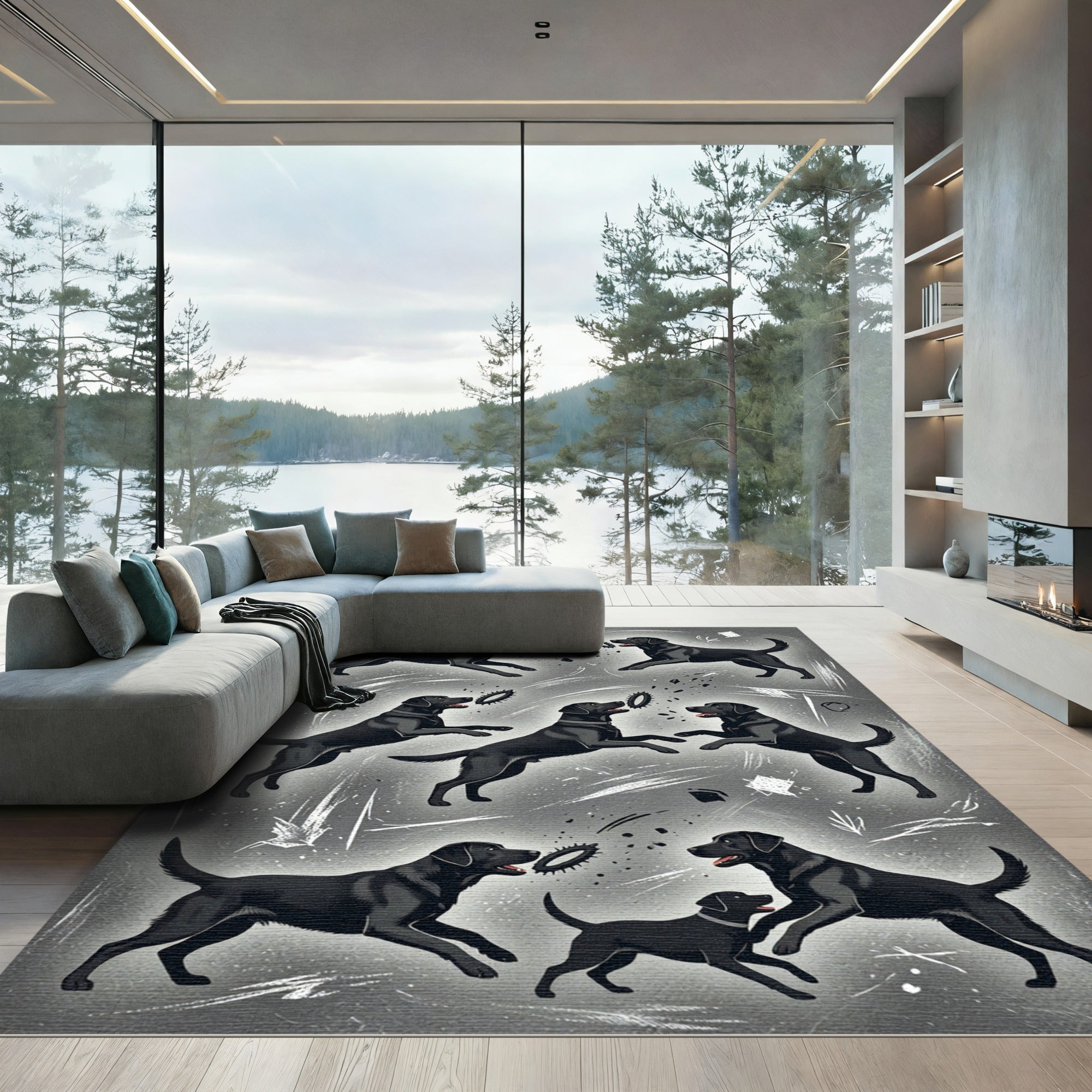 Playful Black Labrador Charcoal Sketch Rug