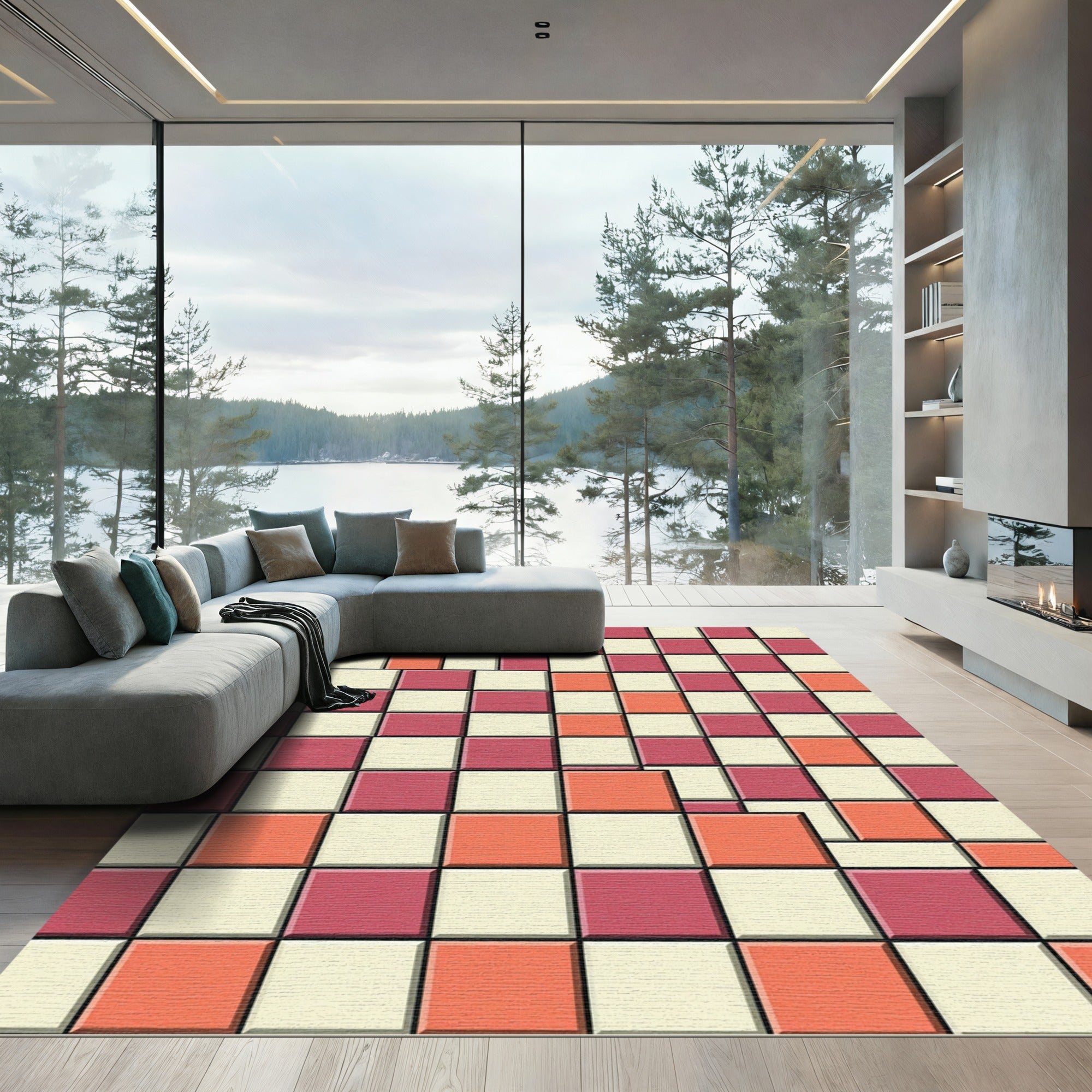 Modern Geometric Crimson Coral Grid Rug