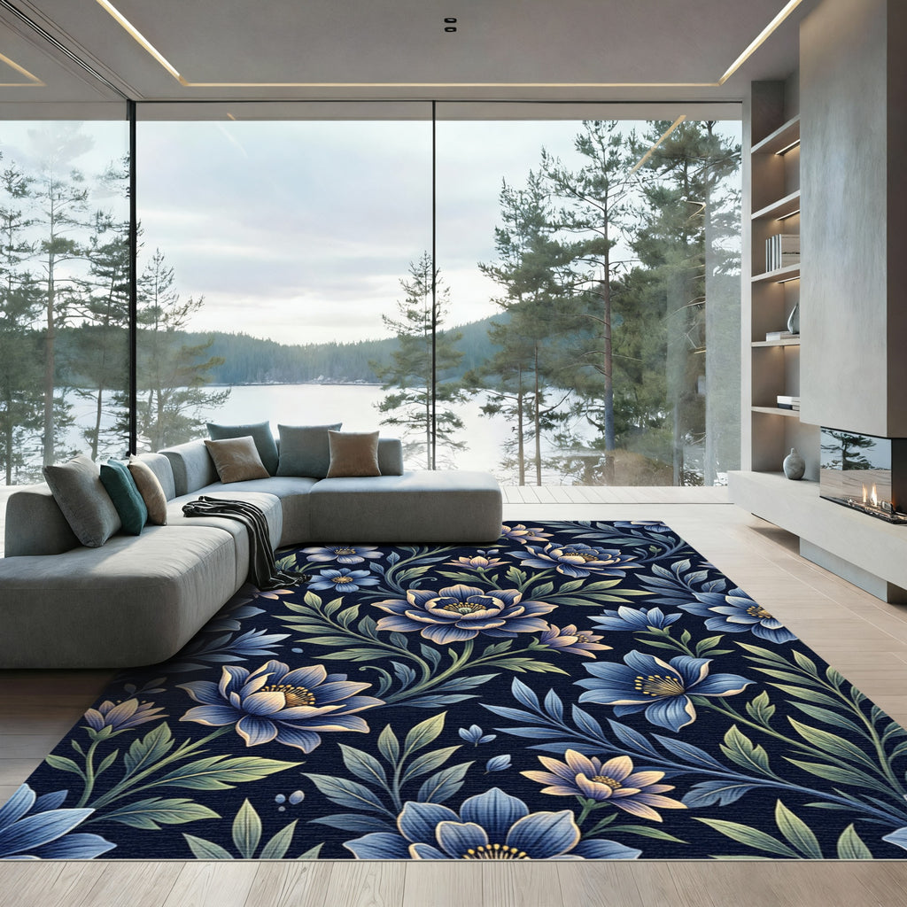 Midnight Blue Botanical Floral Vine Rug
