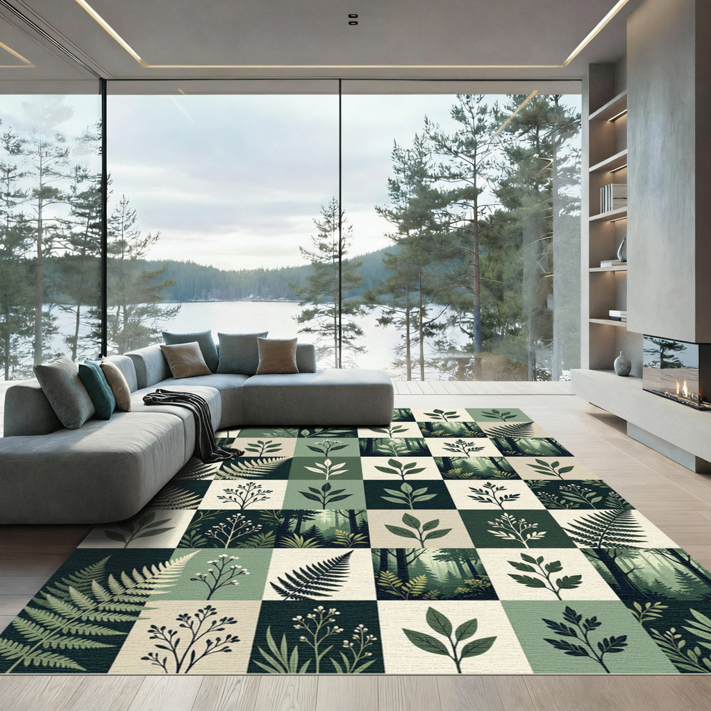 Forest Fern Leaf Botanical Grid Rug