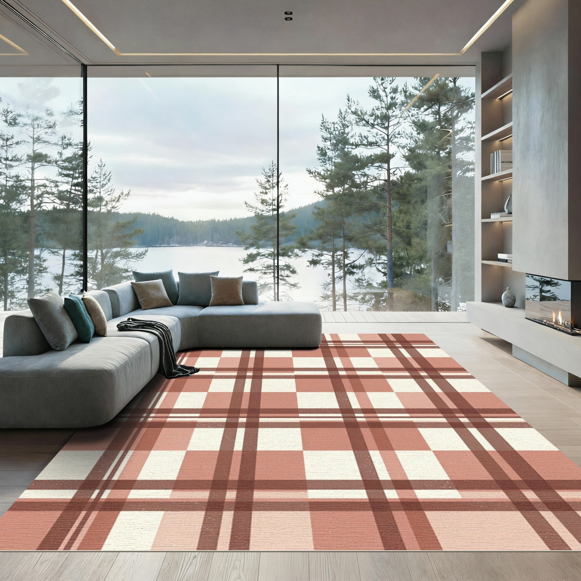 Muted Rose Plaid Grid Rug