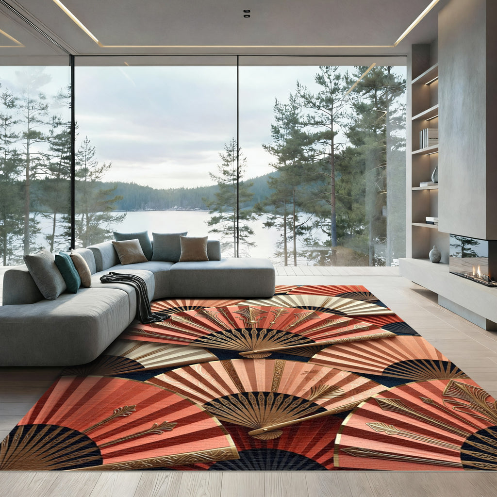 Coral Gold Art Deco Fan Collage Rug