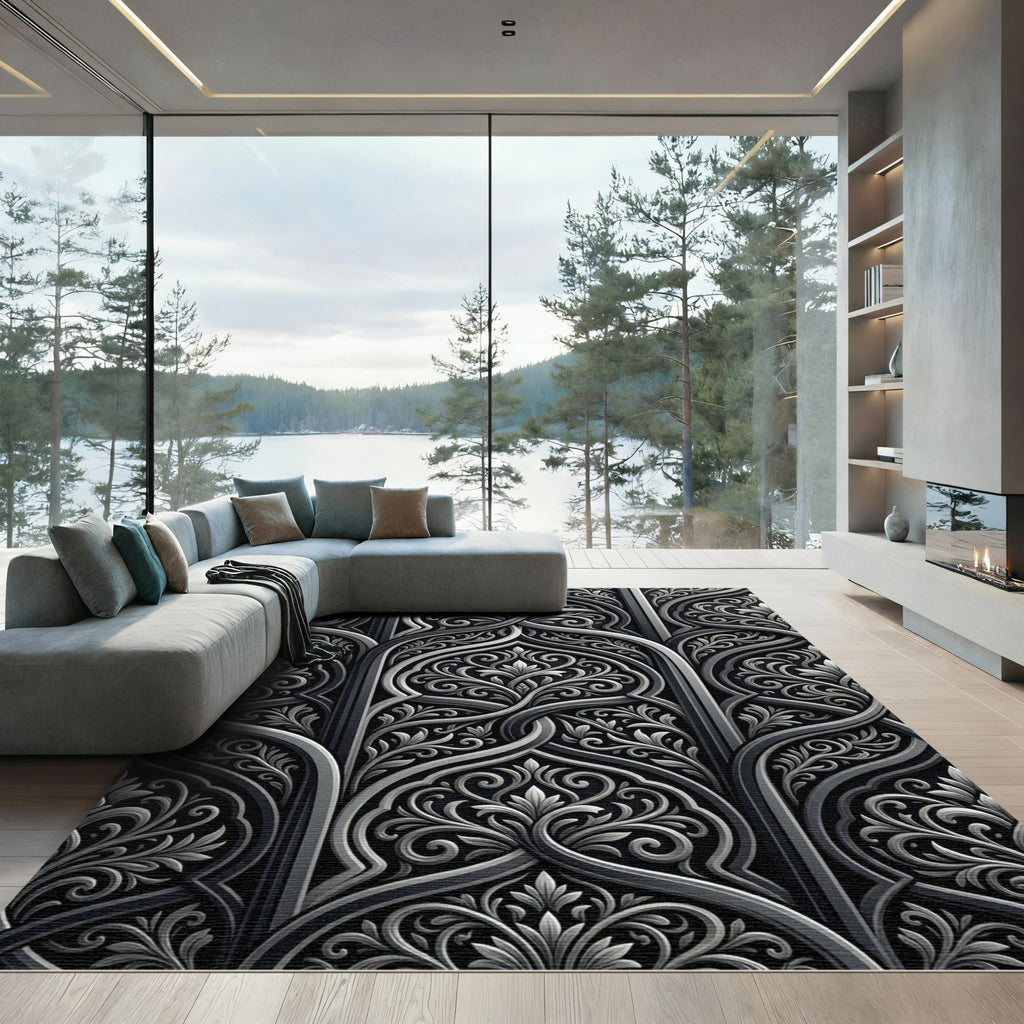 Intricate Black Silver Arabesque Floral Rug
