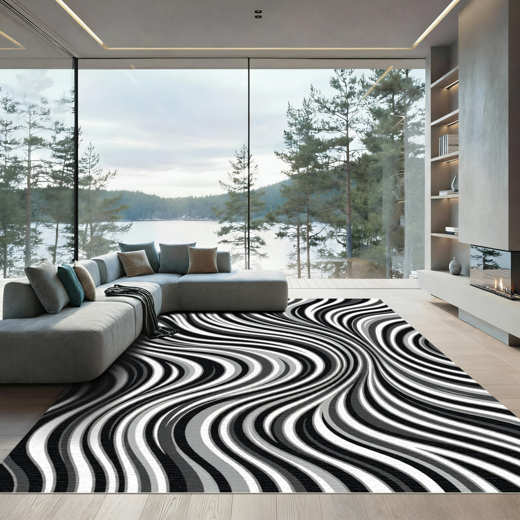 Monochrome Wavy Swirl Abstract Rug