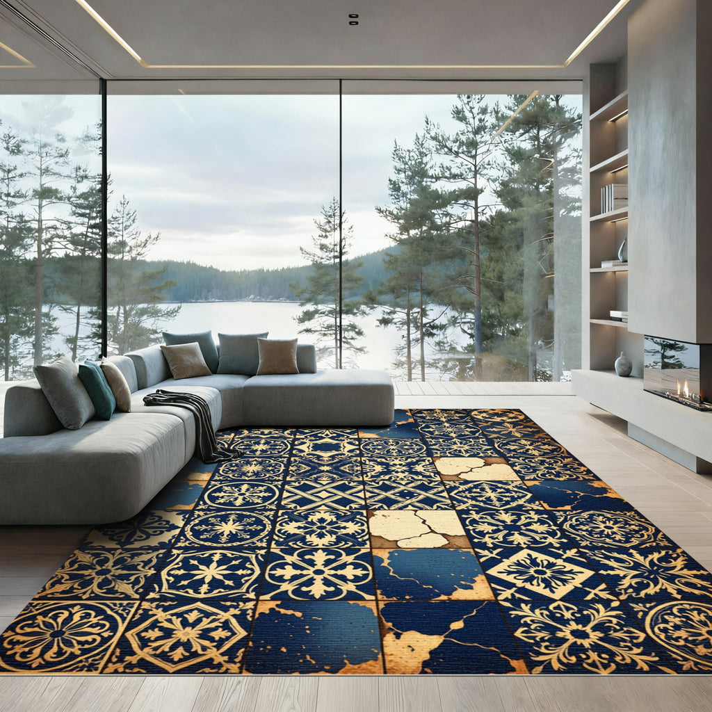 Vintage Navy Blue Floral Tile Mosaic Rug