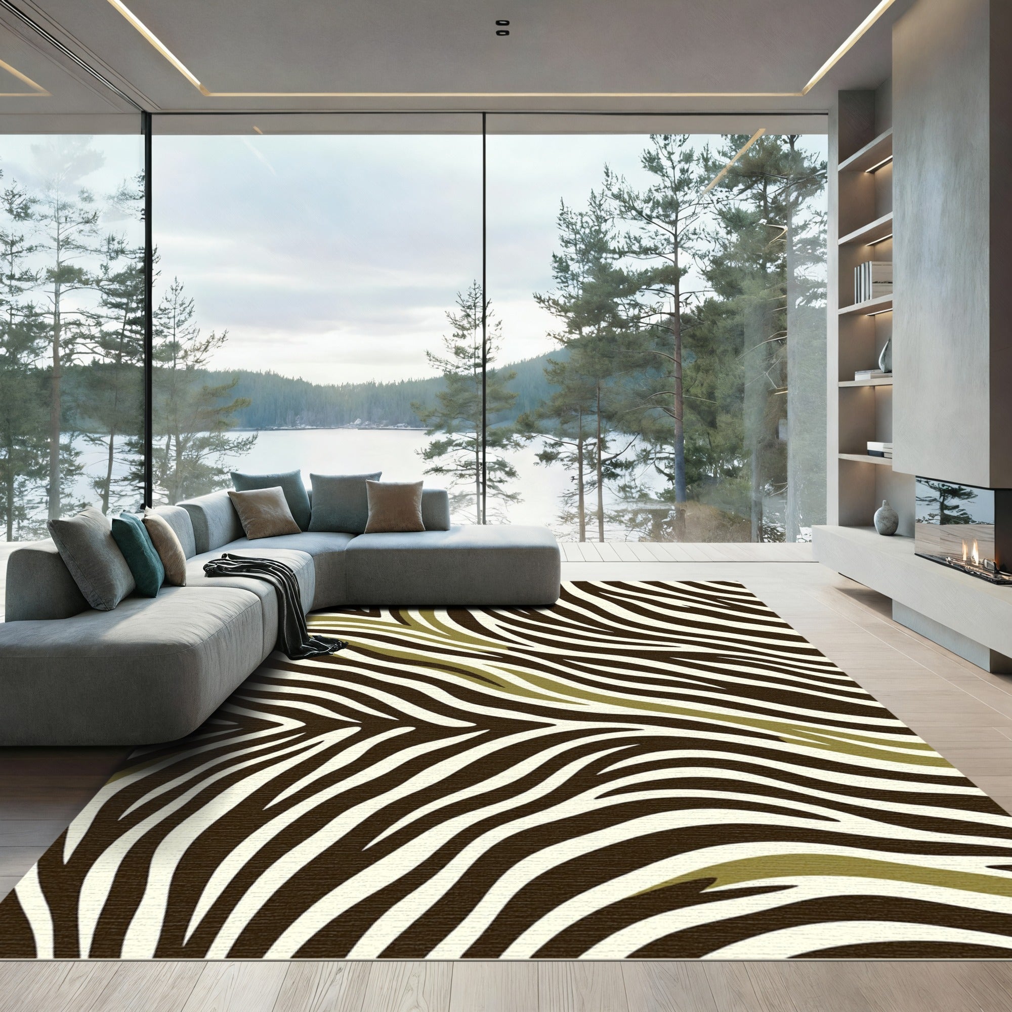 Modern Olive Green Zebra Animal Stripe Rug