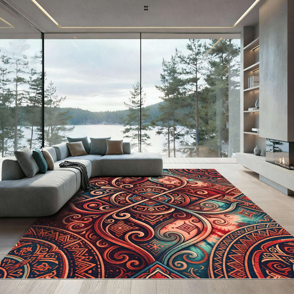 Ornate Fiery Crimson Geometric Swirls Rug