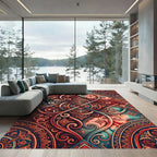 Ornate Fiery Crimson Geometric Swirls Rug