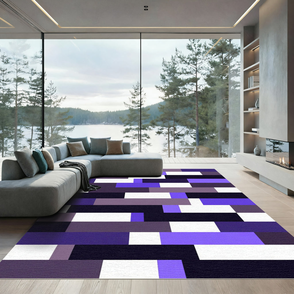 Modern Purple and Dark Geometric Block Rug
