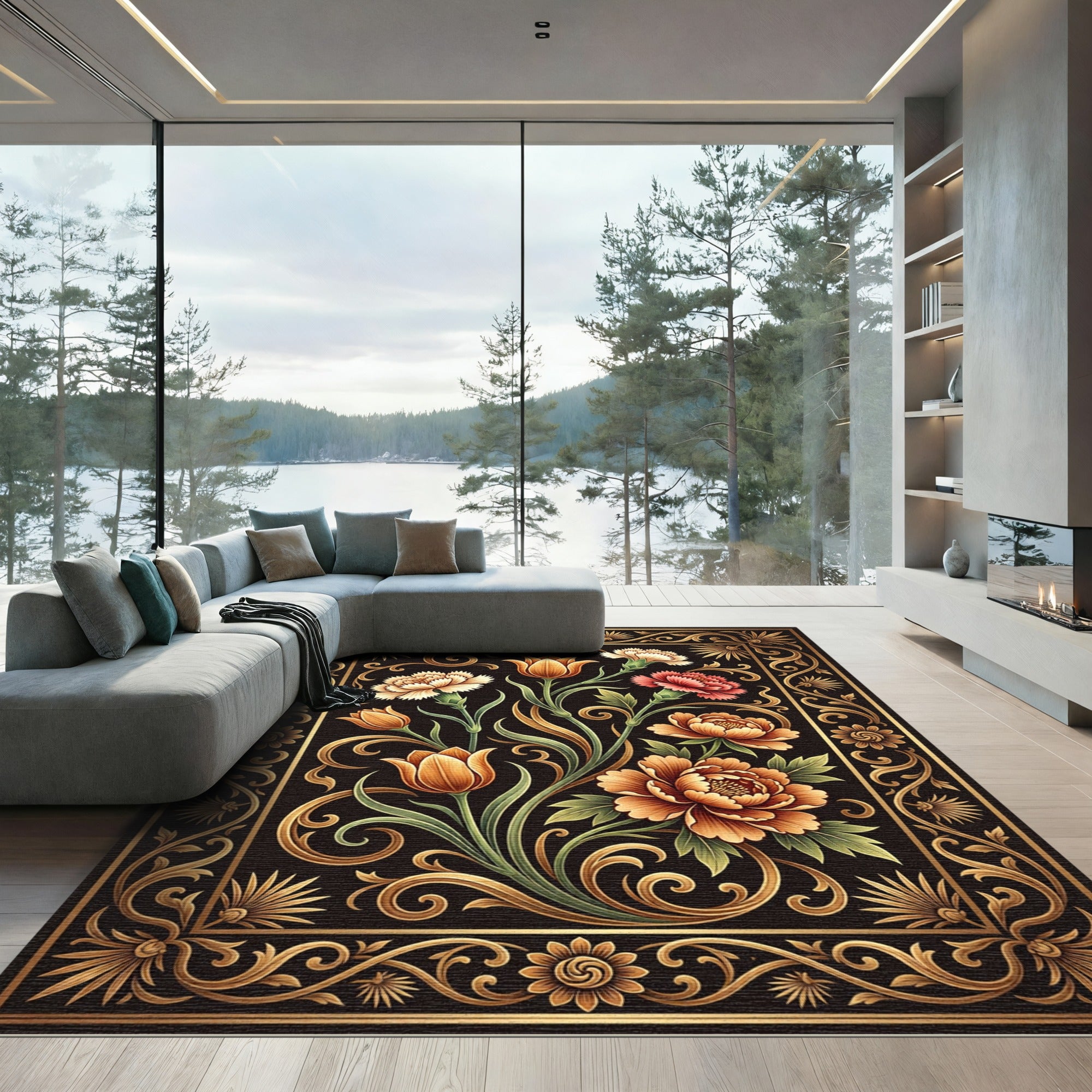 Golden Floral Bouquet on Black Ground Rug