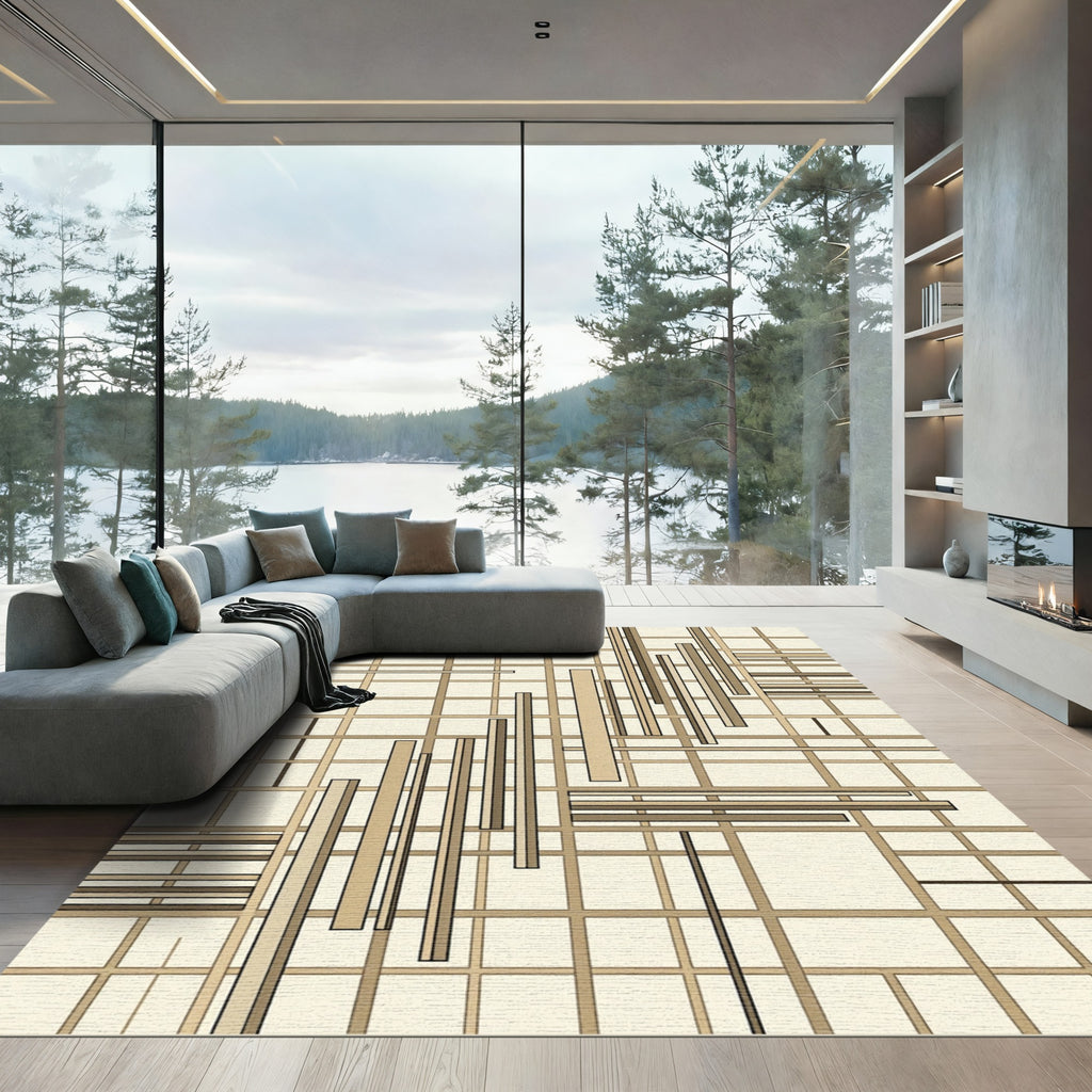 Modern Beige Linear Geometric Grid Art Rug
