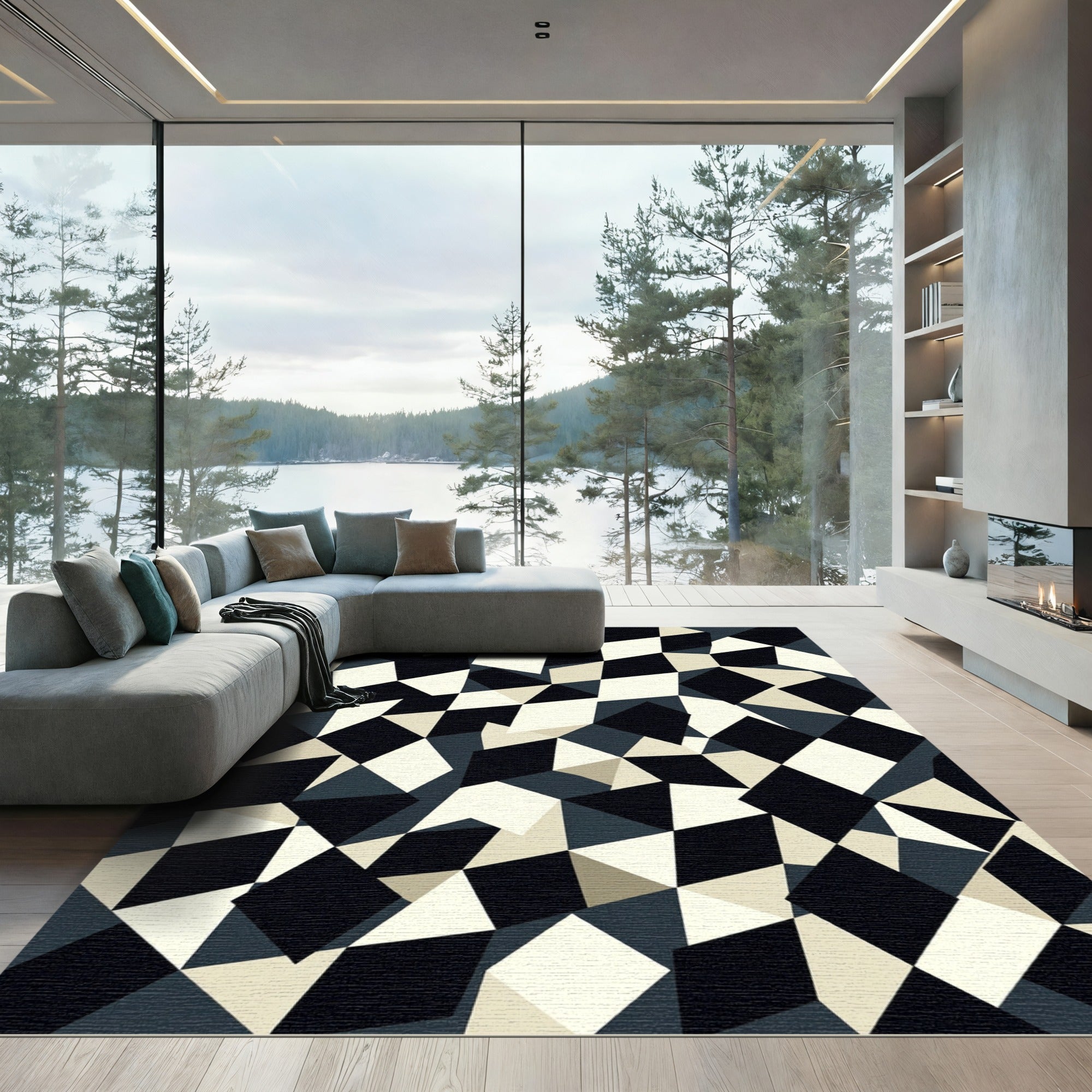 Monochrome Geometric Diamond Abstract Art Rug