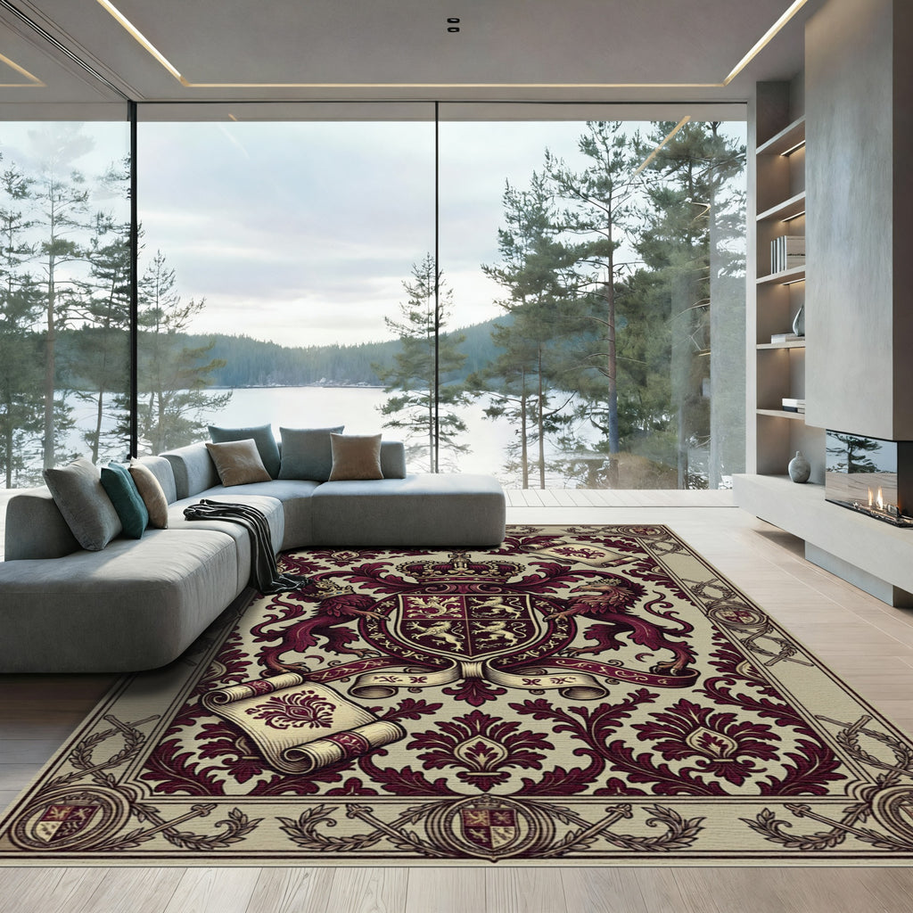 Regal Burgundy Crest Crown Emblem Rug