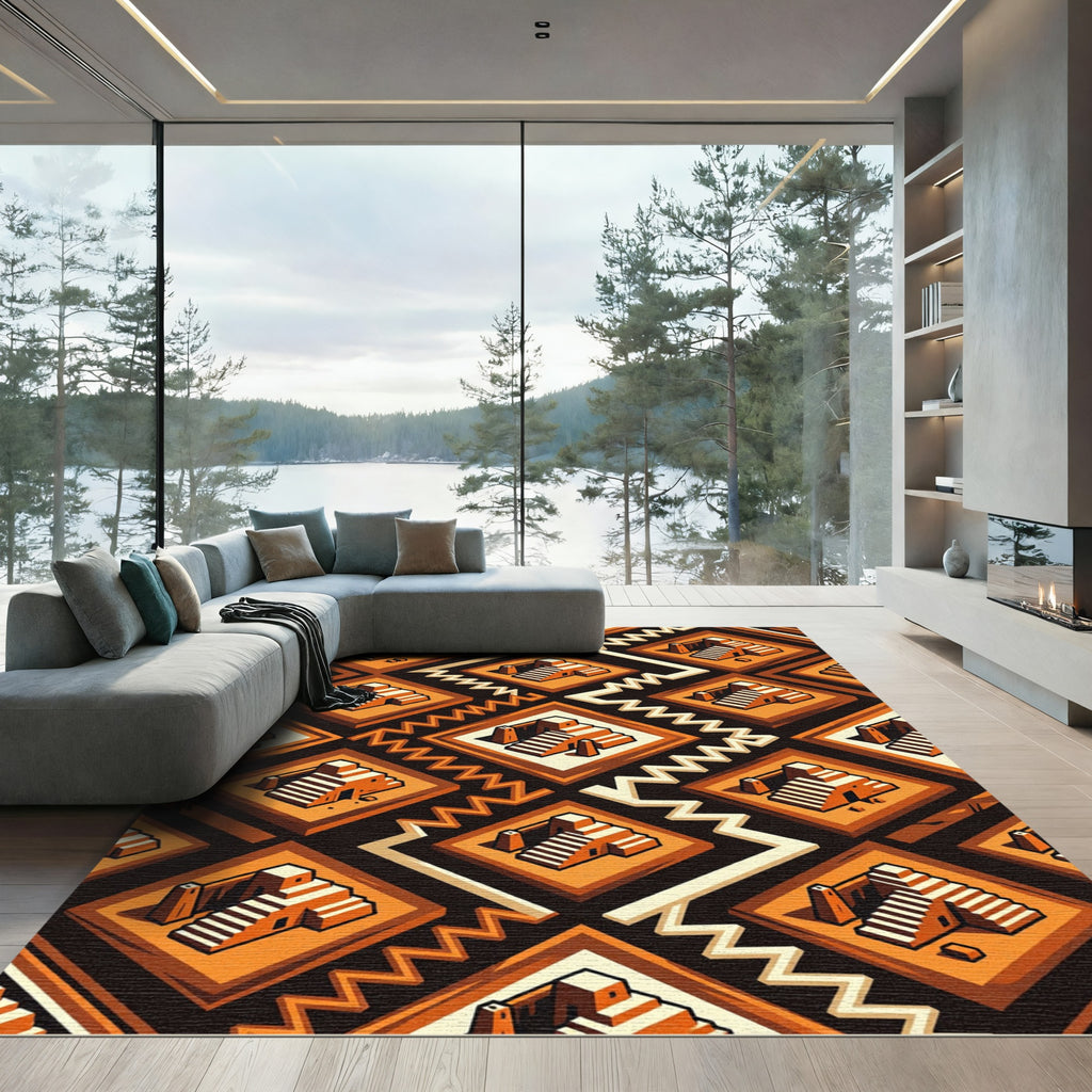 Terracotta Geometric Step Pyramid Tiles Rug
