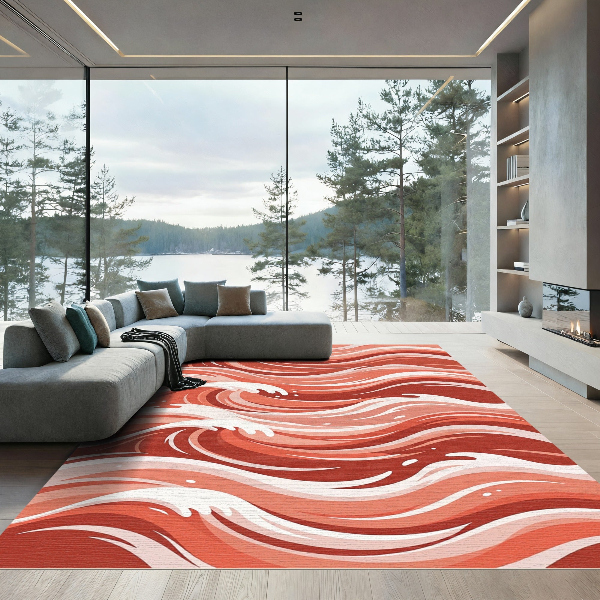 Coral Red Abstract Wave Composition Rug