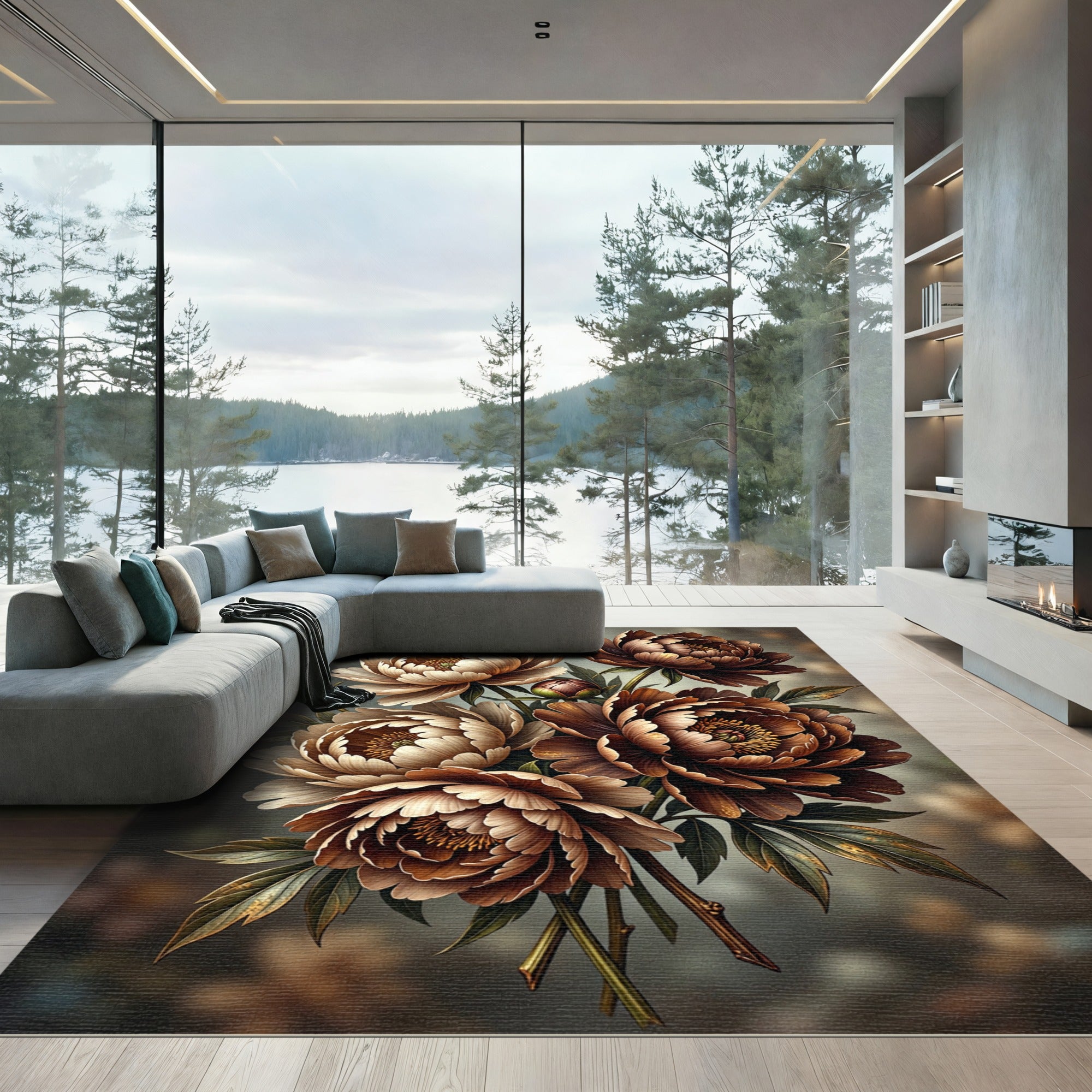 Rich Earthy Tone Peony Bouquet Rug