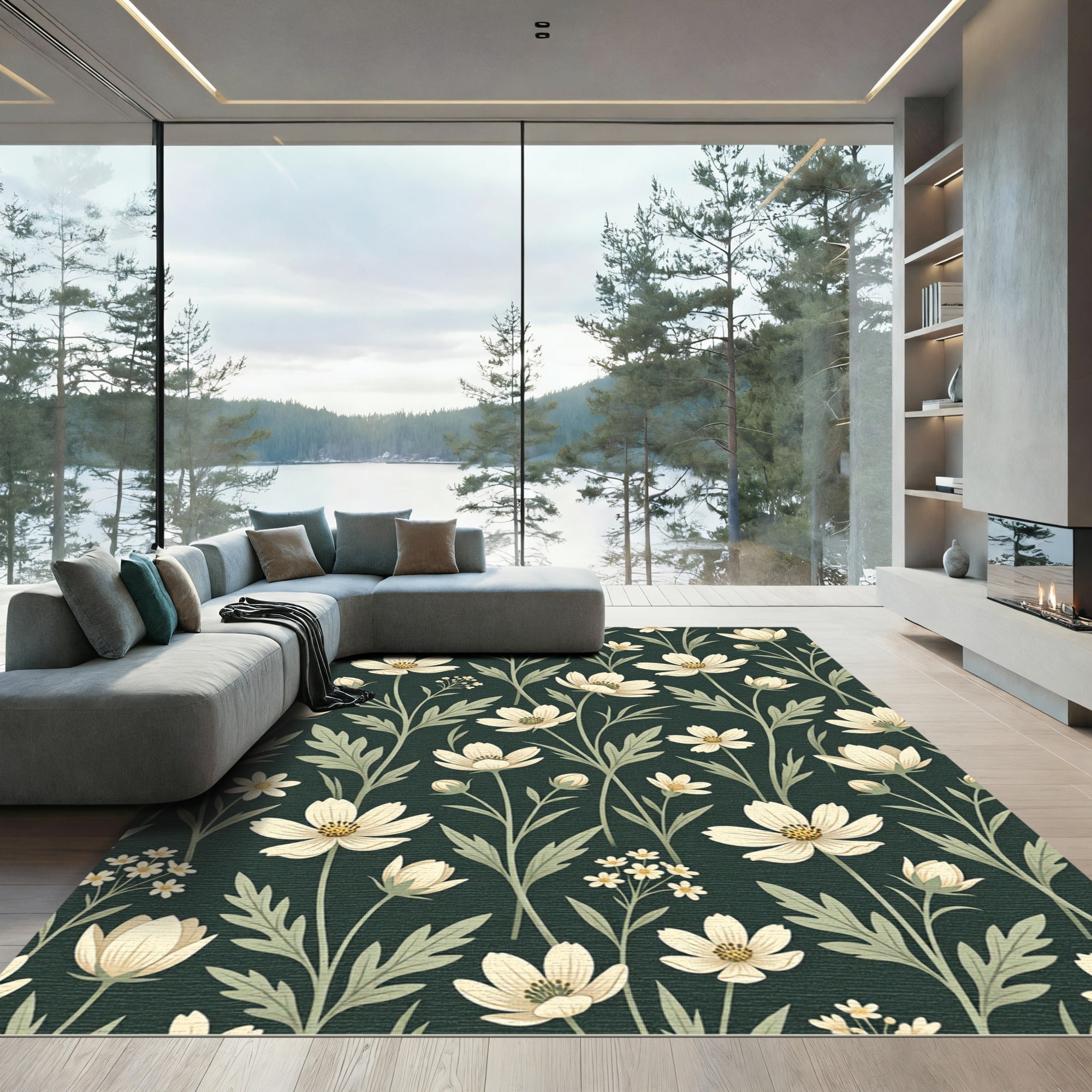 Cream Cosmos Floral Dark Emerald Meadow Rug