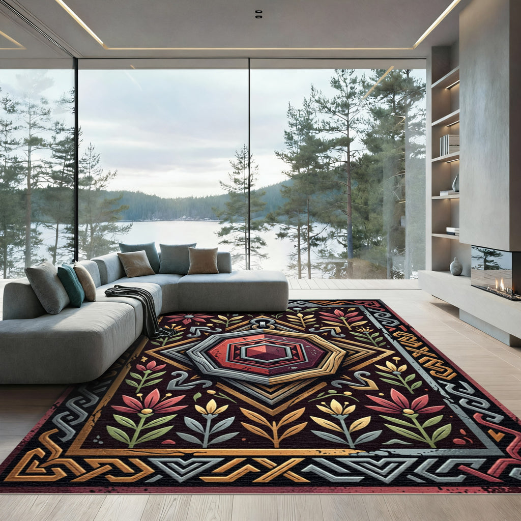 Hexagonal Ruby Gemstone Floral Border Art Rug