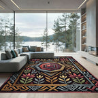 Hexagonal Ruby Gemstone Floral Border Art Rug