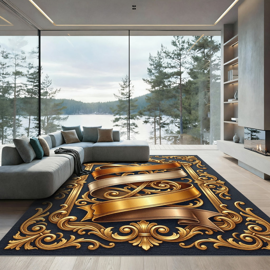 Ornate Gold Ribbon Scroll Frame Rug