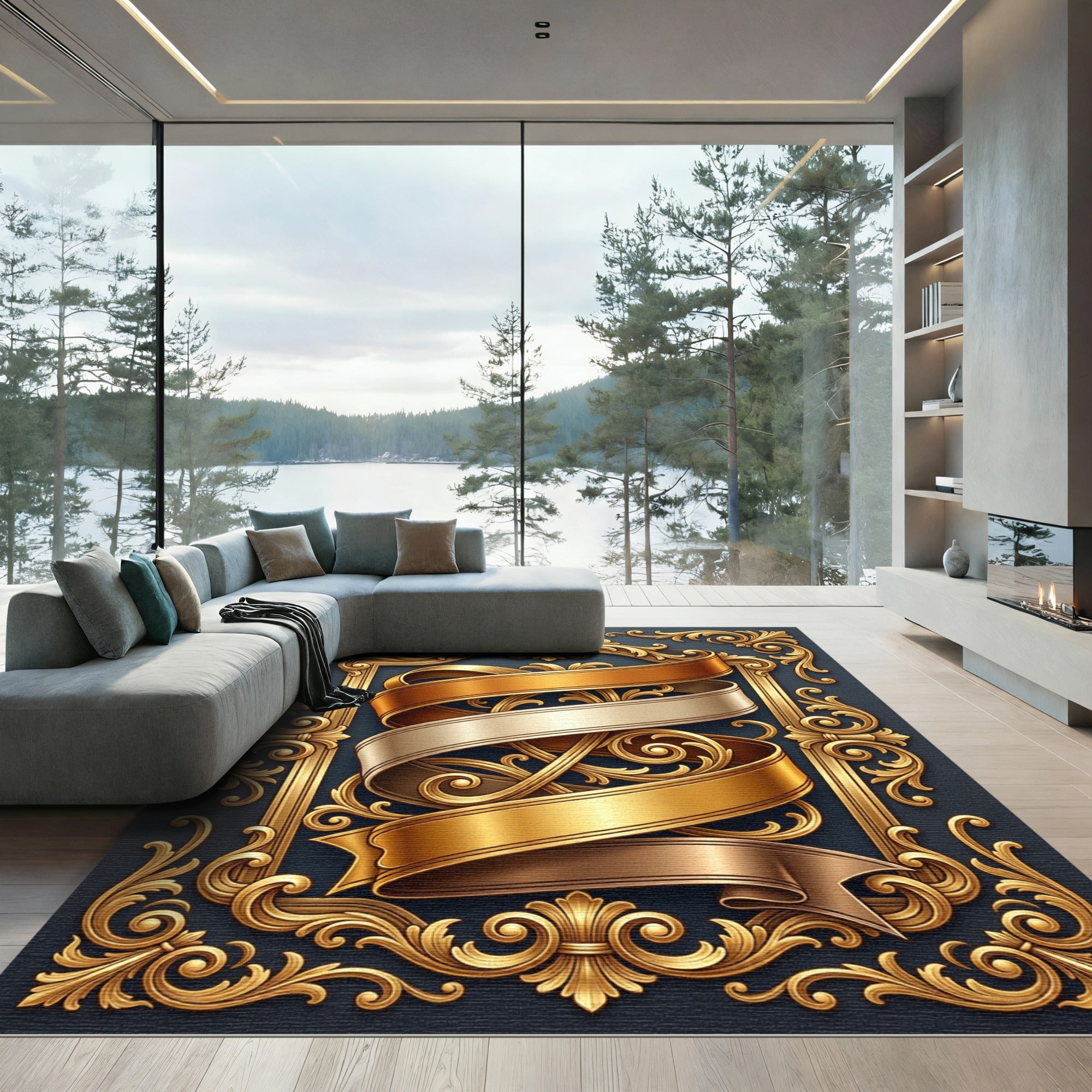 Ornate Gold Ribbon Scroll Frame Rug