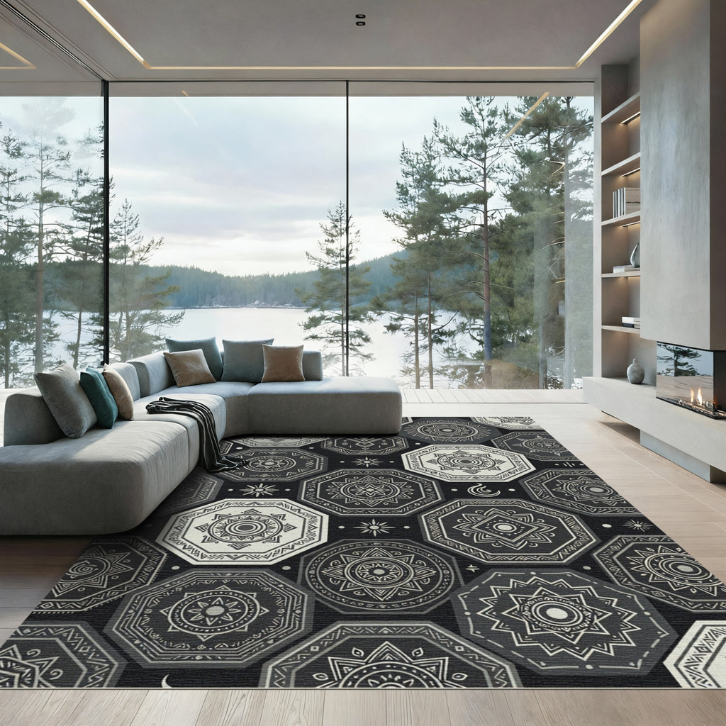 Monochromatic Geometric Mandala Octagon Art Rug