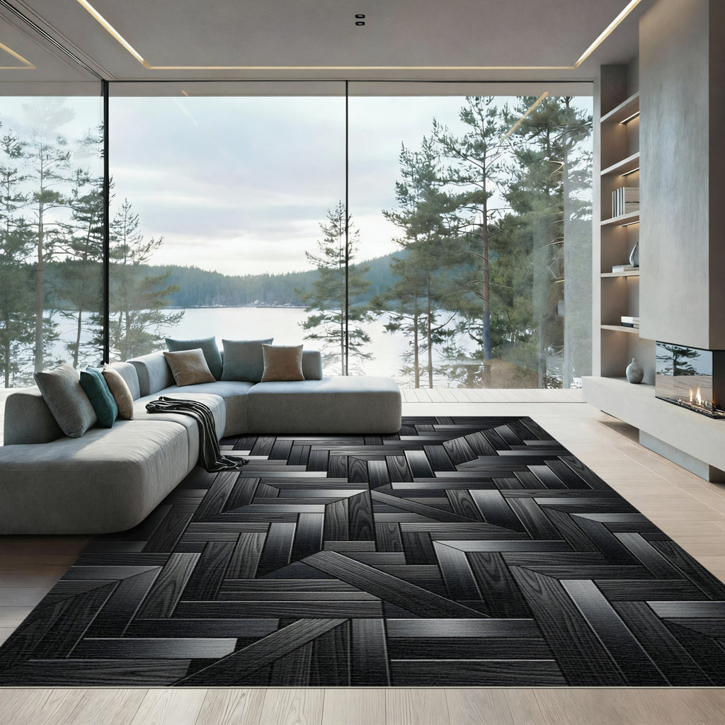 Dark Wood Geometric Parquet Rug
